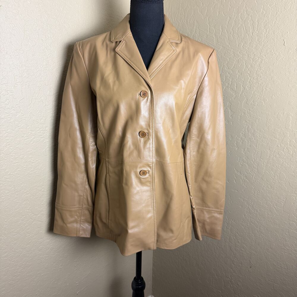 Reaction Kenneth Cole Women’s Tan 100% Leather Blazer Jacket Size L 3 Button